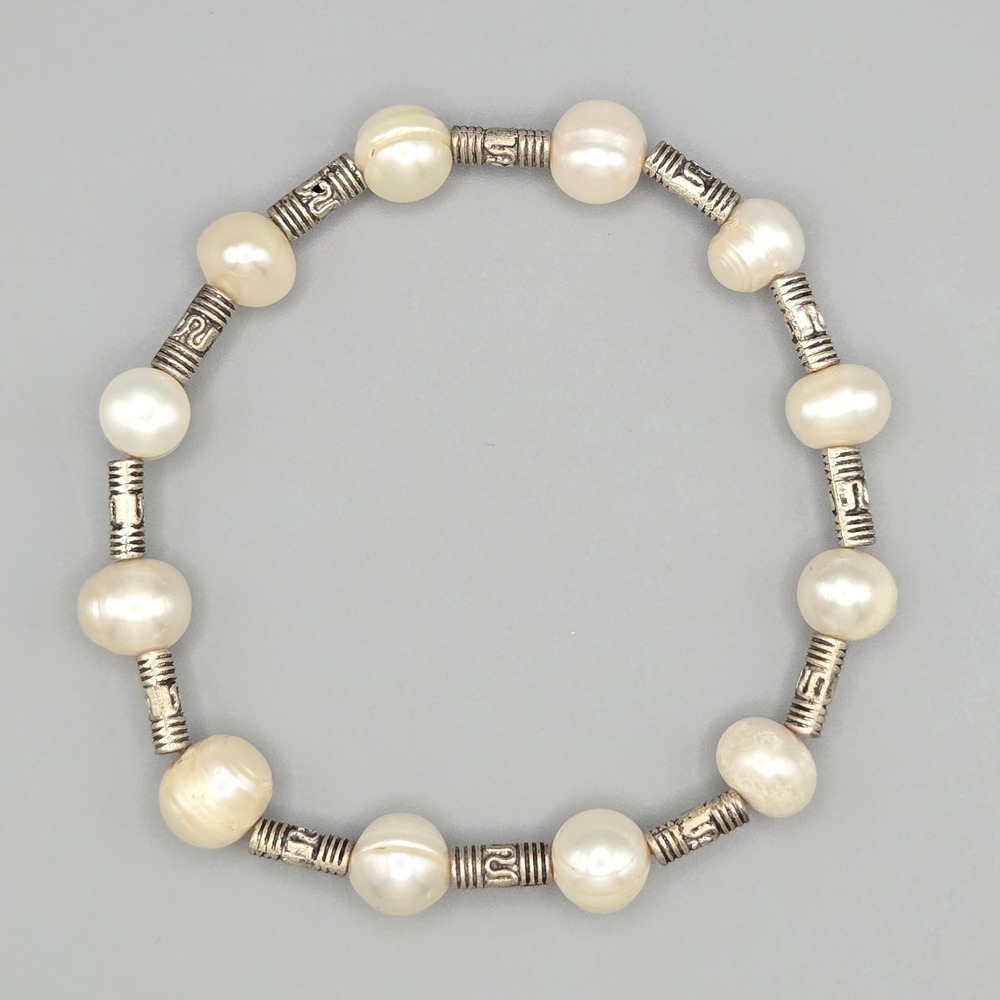 Freshwater Pearl Stretch Bracelet Silver Tone Ornate Spacer Beads 8mm White